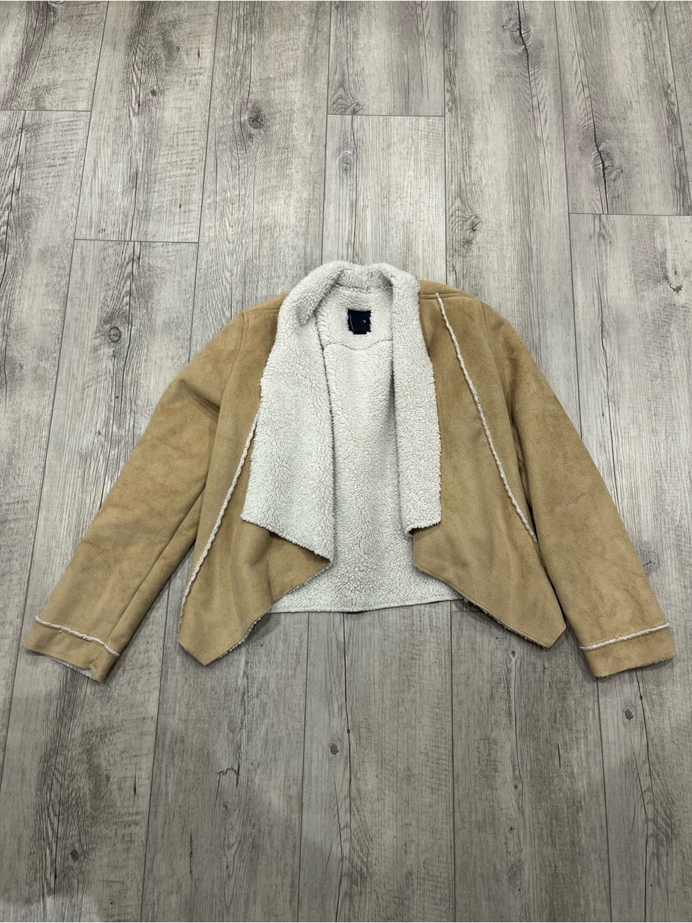 GAP Open-Front Faux Shearling Jacket in Tan with Cream Lining